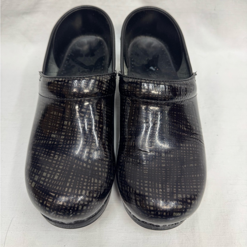 Dansko black metallic patent leather clogs size 38
